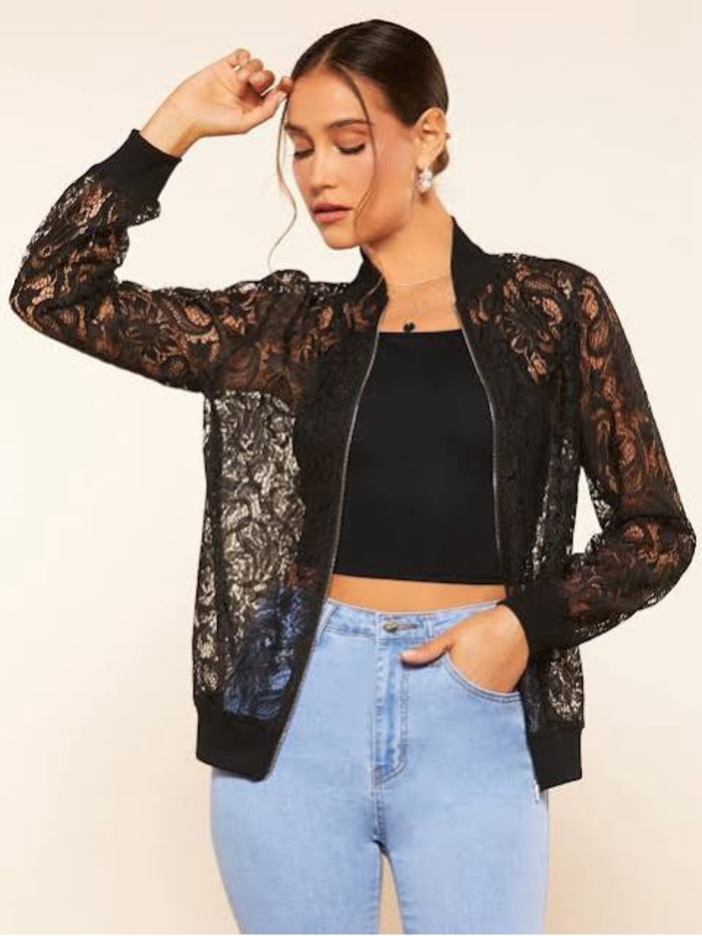 Zara Black Lace Velour Bomber Jacket Small